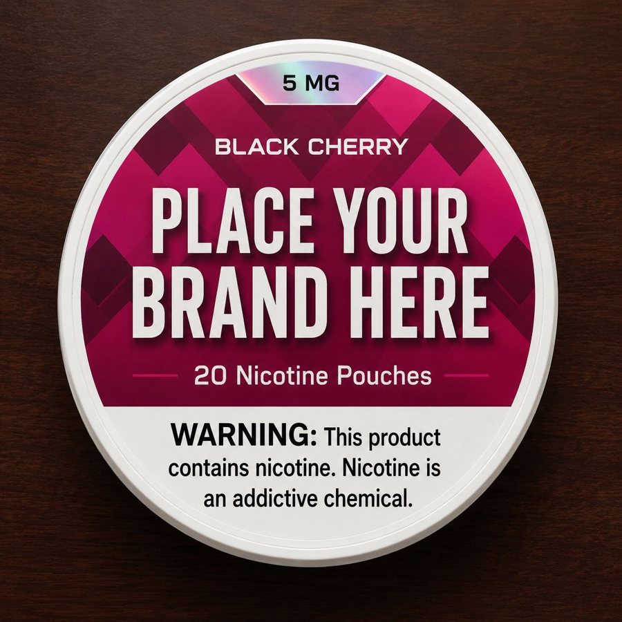 Black Cherry white label nicotine pouch can — your brand here