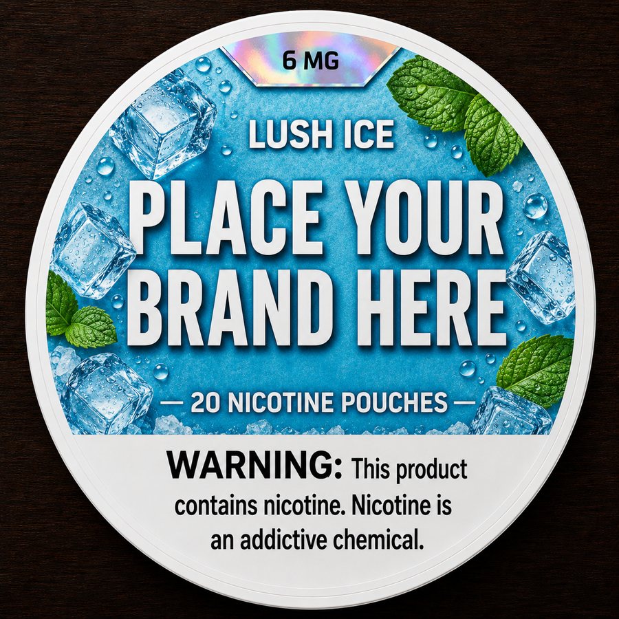 Lush Ice white label nicotine pouch can — your brand here