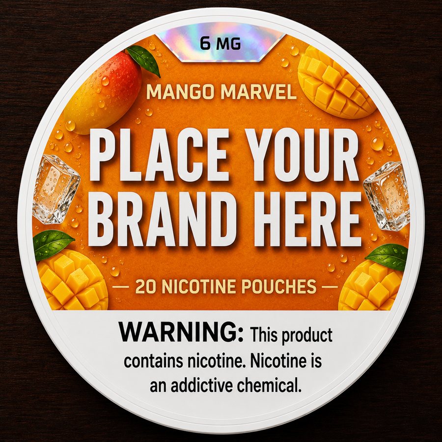 Mango Marvel white label nicotine pouch can — your brand here