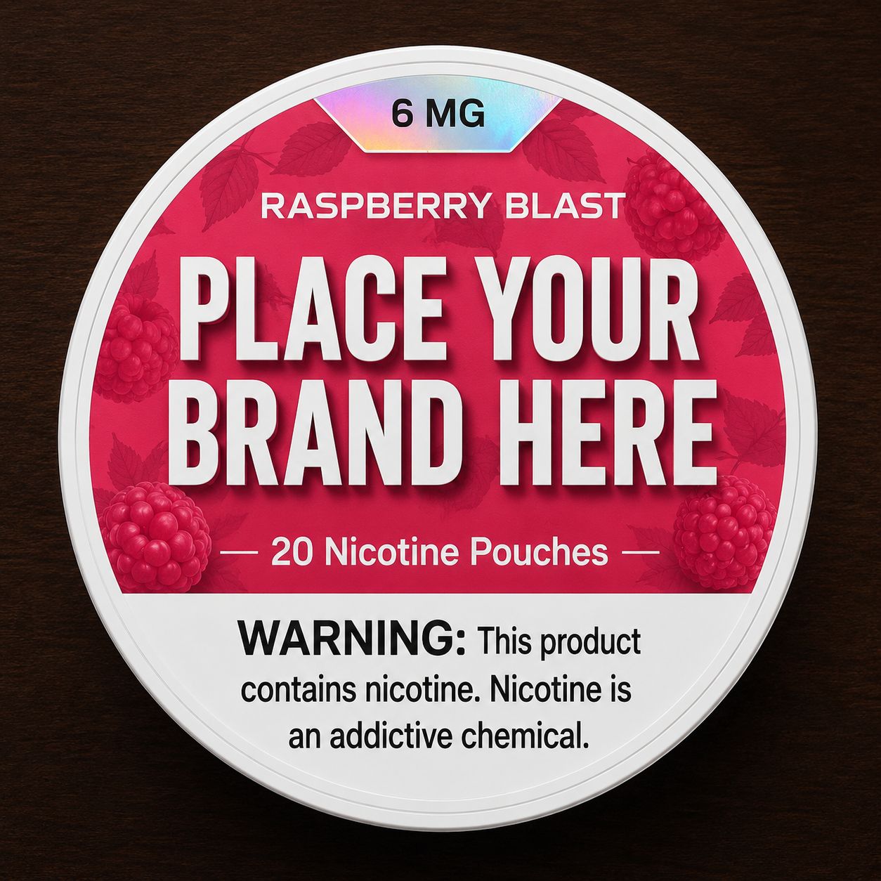 Raspberry Blast white label nicotine pouch can — your brand here